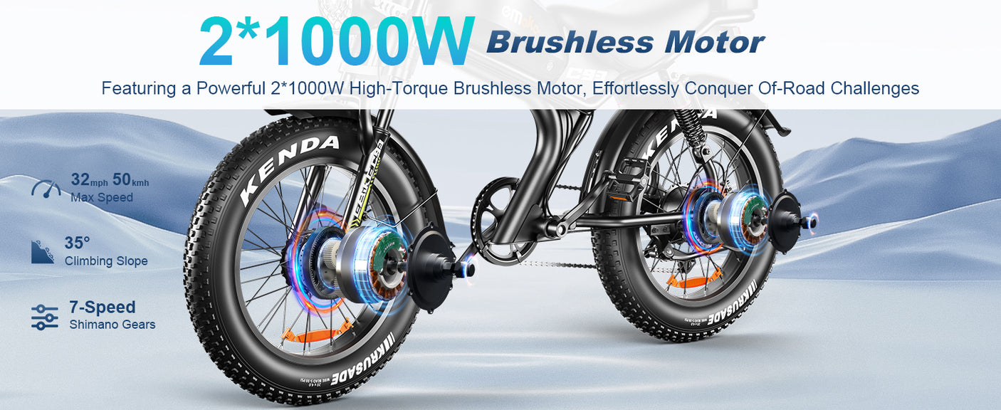 Moteurs brushless 2x1000W Emoko C93, vitesse 50km/h, pente 35°, 7 vitesses Shimano