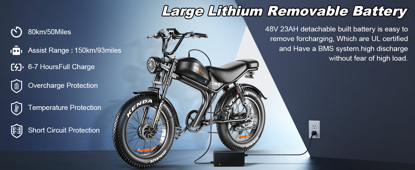 Batterie lithium amovible 48V 23Ah Emoko C93, UL certifiée, BMS, autonomie 150km