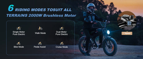6 modes de conduite Emoko C93 — Single, Dual, Walk, Bike, Pedal Assist, Cruise