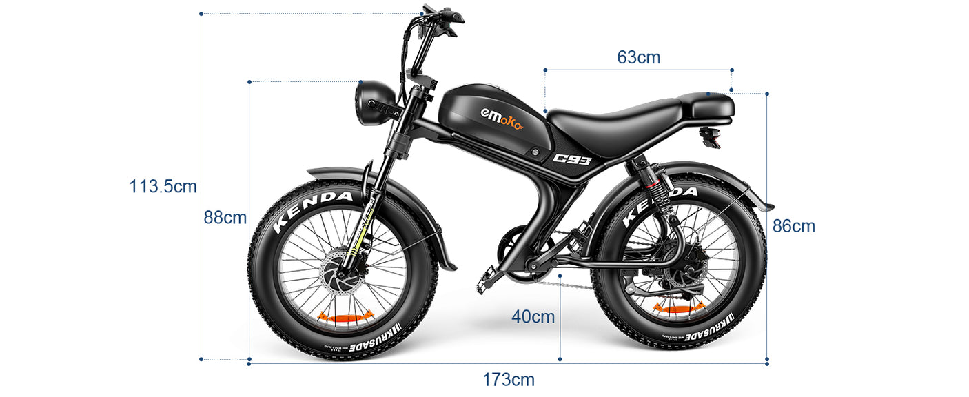 Dimensions Emoko C93 fat bike, longueur 1730mm, hauteur selle 860mm