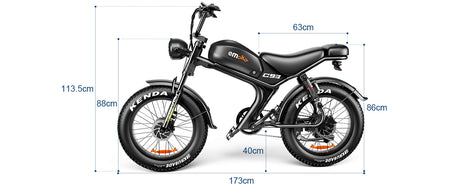Dimensions Emoko C93 fat bike, longueur 1730mm, hauteur selle 860mm