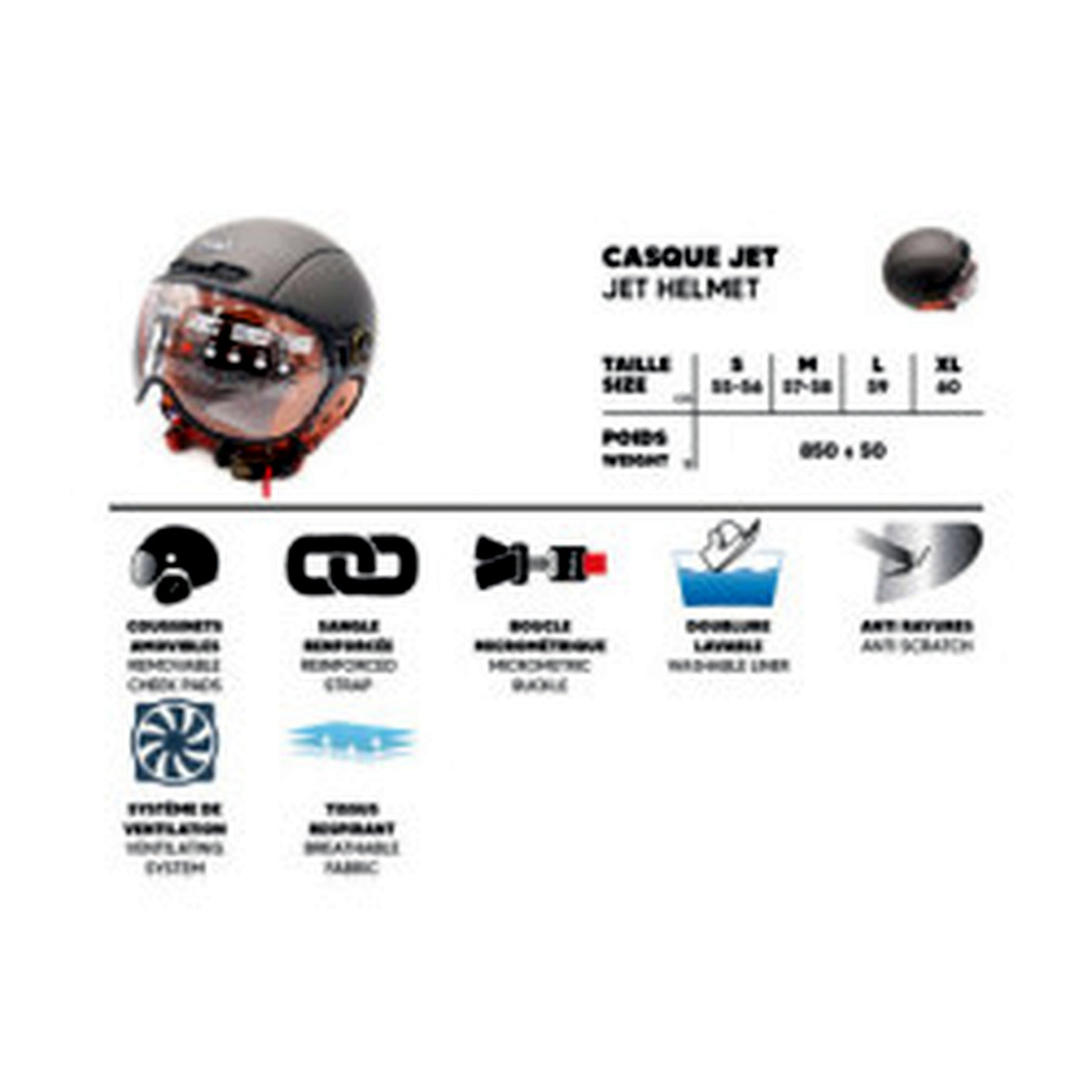 Casque JET FRV noir mat (taille XS à XXL) XL