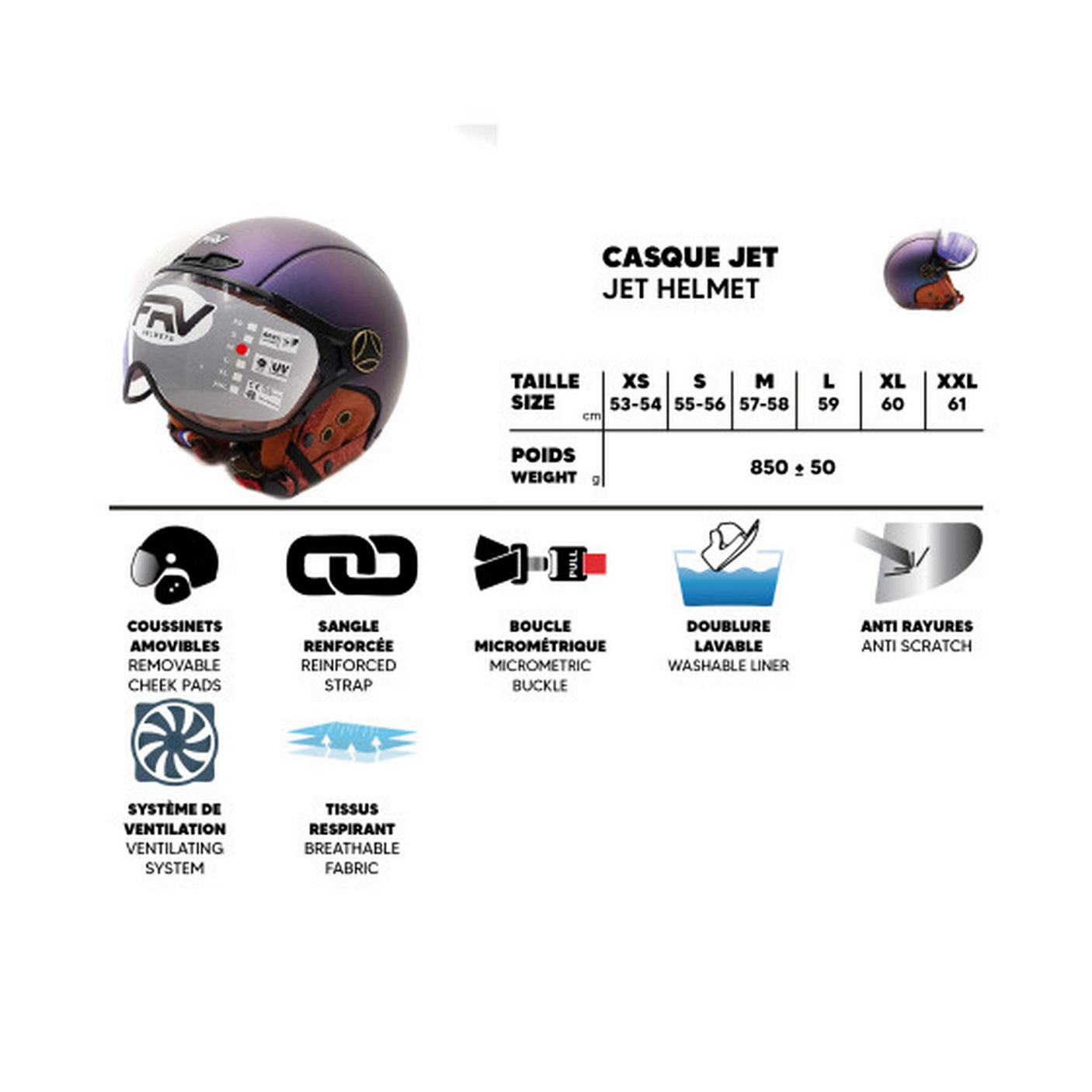 Casque JET FRV noir mat (taille XS à XXL) XXL