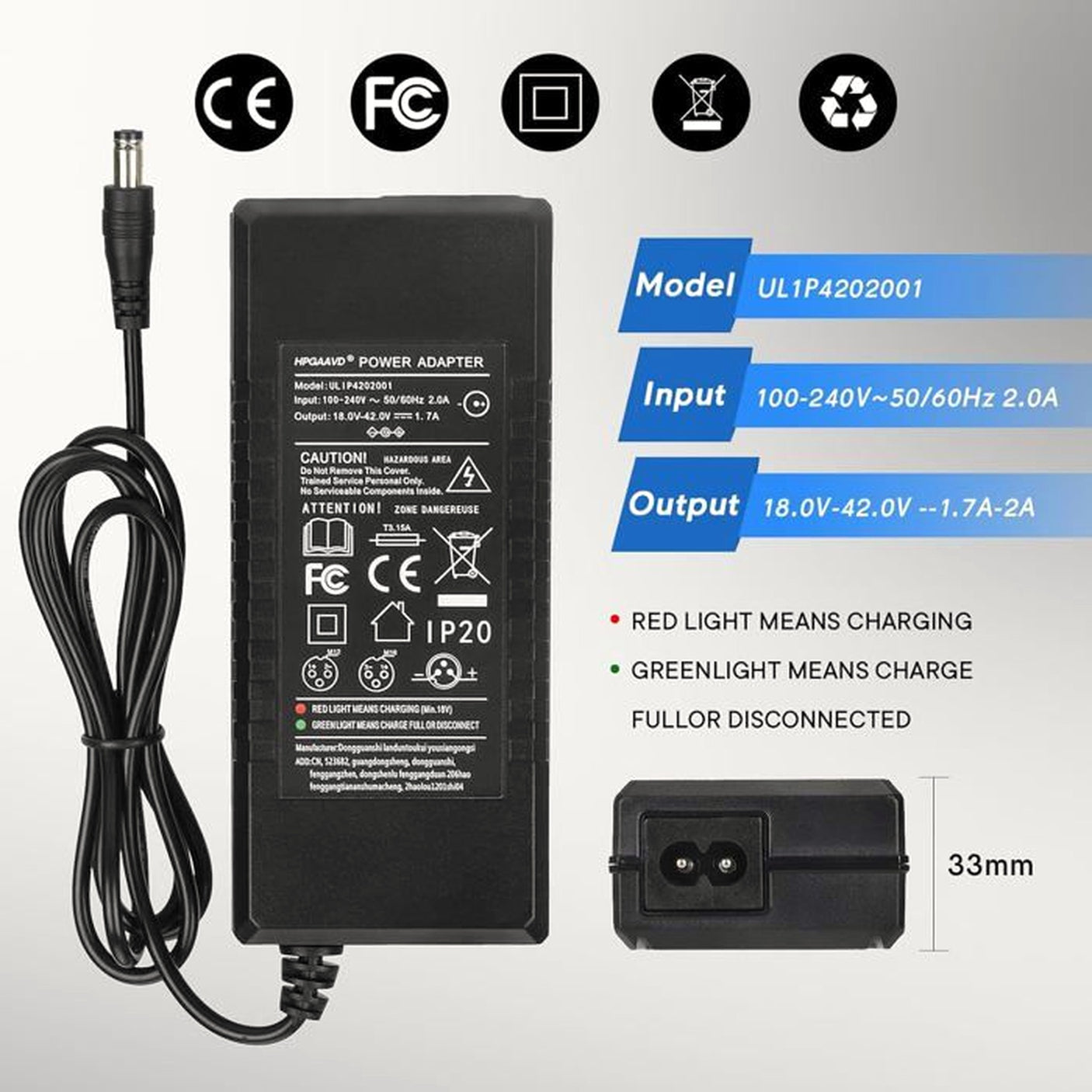 Chargeur 36V - 42V / 2A  Xiaomi (connecteur RCA)
